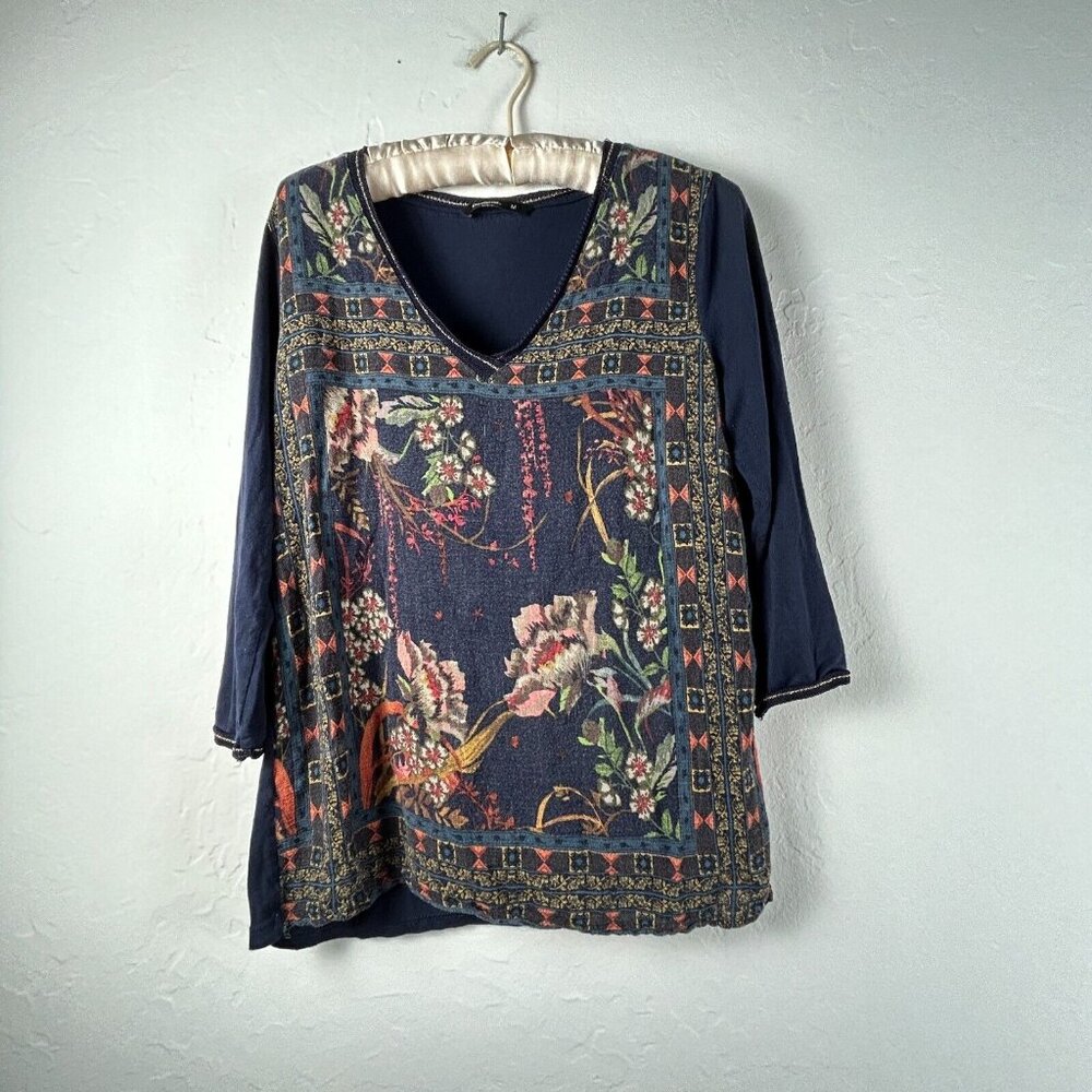 Desigual Women's Medium Navy Blue Floral Long Sleeves V-Neck Loose Blouse Top